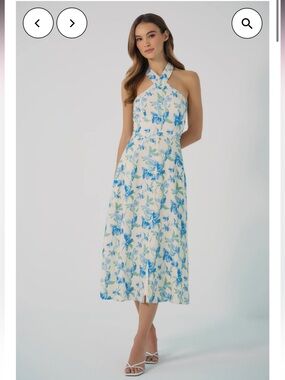 hutch wally cream & blue flower print halter button detail midi sun dress small